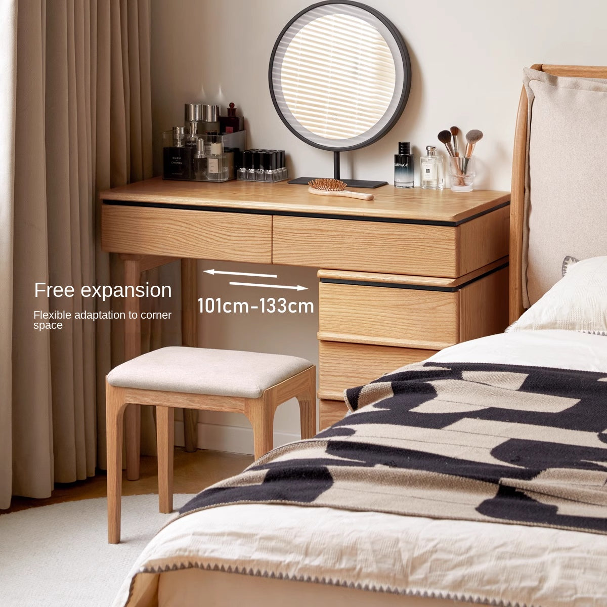 Modern Oak Solid Wood Retractable Dressing Table - Vanity Makeup Desk with Mirror for Bedroom & Home Decor