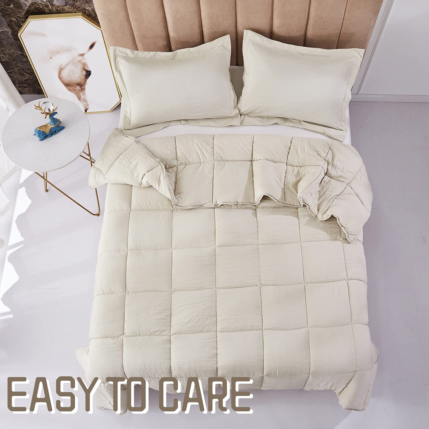 3-Piece All-Season Down Alternative Quilted Comforter Set with Corner Tabs - Super Soft Fiberfill Duvet Insert - Box Stitched Farmhouse Style Bedding for Twin & Twin XL - Prewashed Light Khaki - Perfect for Cozy Bedrooms & Guest Rooms