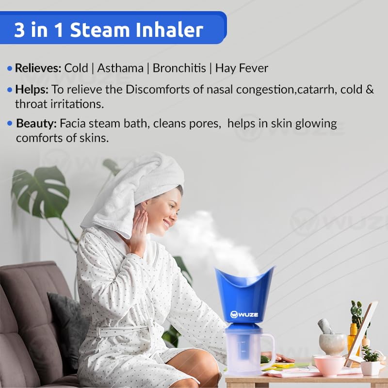 Wuze 3-in-1 Steamer for Cold, Cough & Nasal Congestion Relief - Facial Steamer, Vaporizer & Steam Inhaler for Adults & Kids (Blue) - Perfect for Home, Travel & Office Use