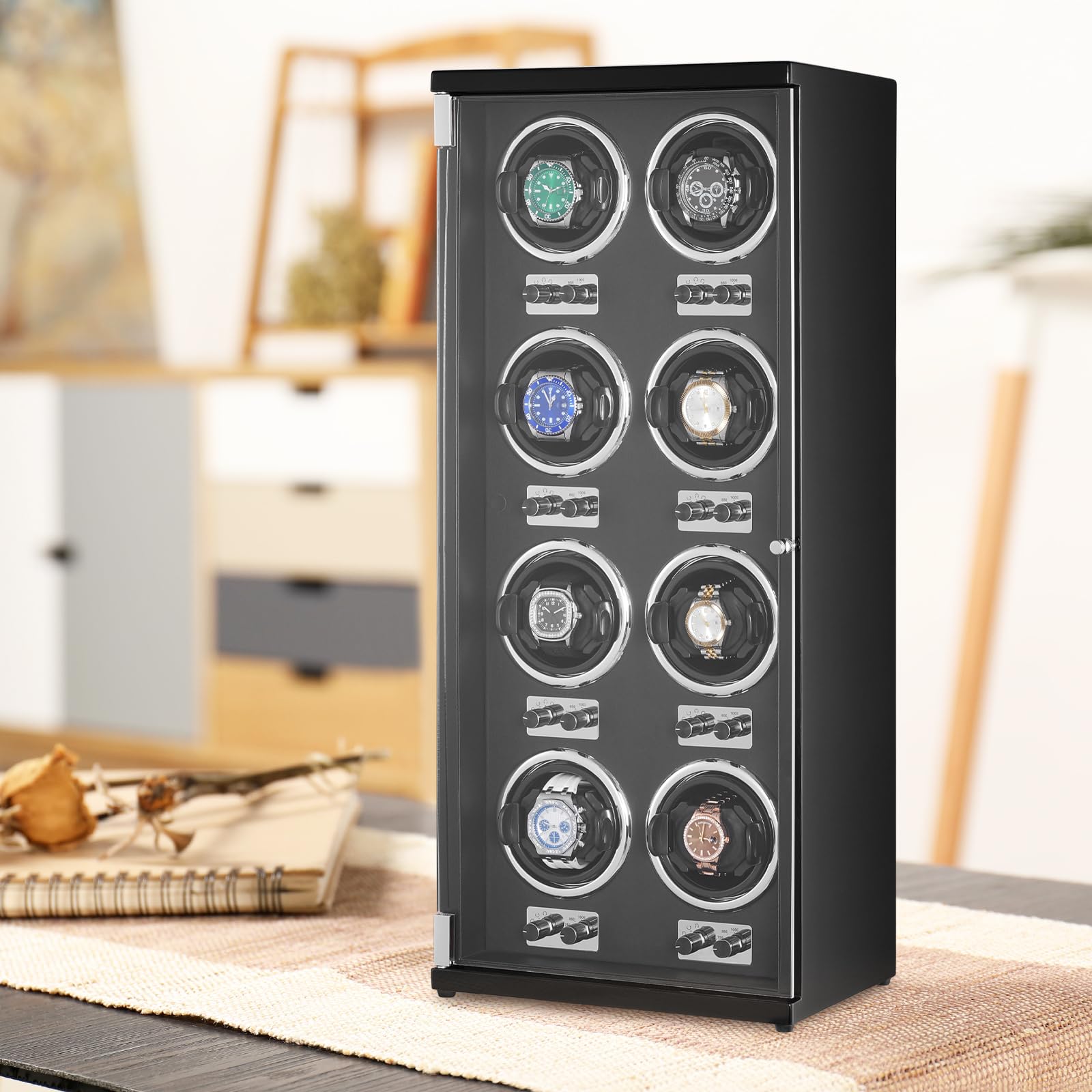 VEVOR 8 Watch Winder Box for Automatic Watches - Quiet Japanese Motor, LED Light, Adjustable Speed & Direction - Perfect for Rolex, Omega Luxury Watch Storage & Display (Black) | Home Office & Travel Use