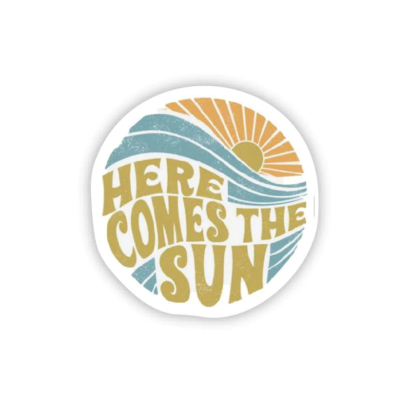 Here Comes The Sun Sticker - Multicolor Round Vinyl Decal for Laptops, Water Bottles & DIY Crafts - Sunshine-Themed Decor for Home, Office & Gifts