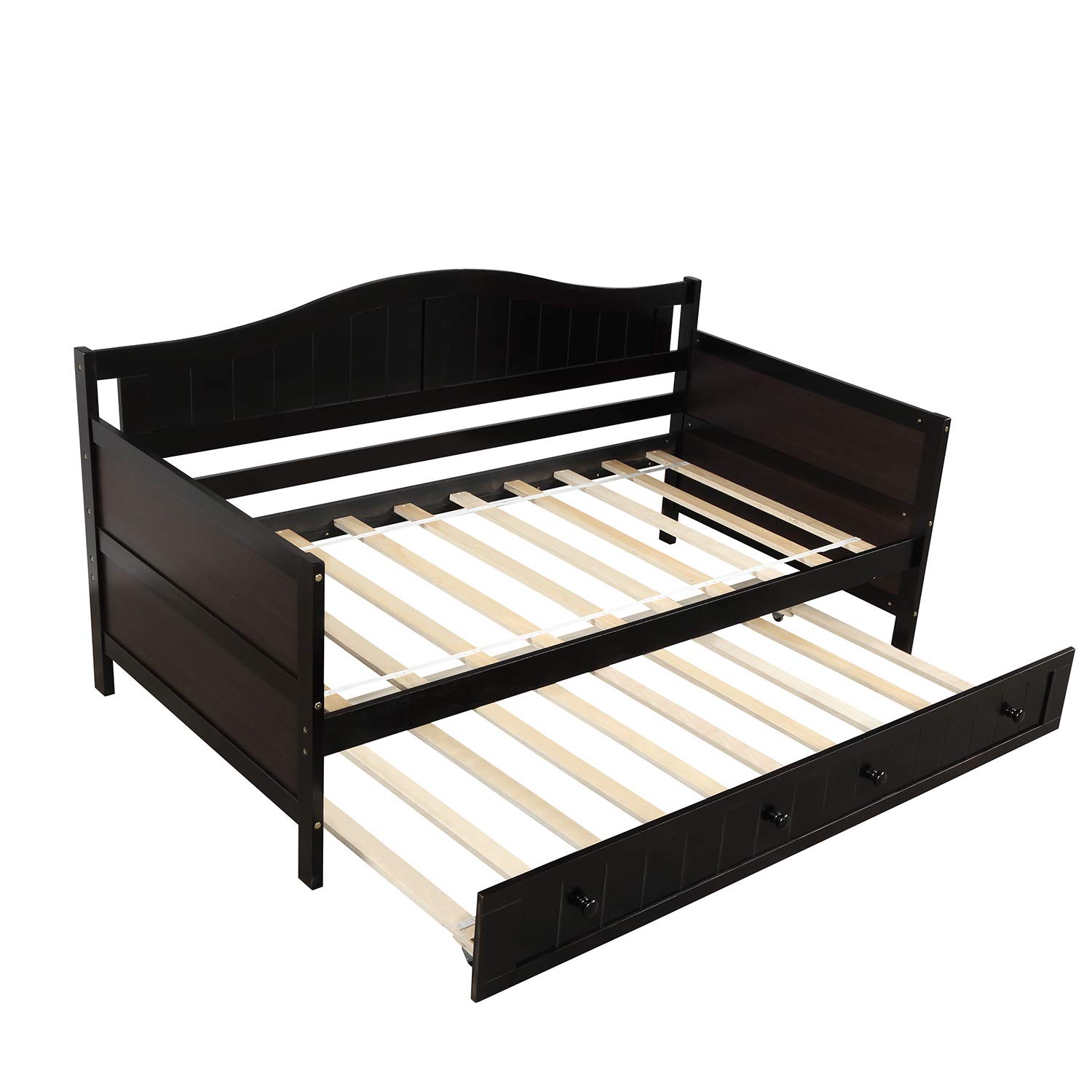 Twin Size Wooden Daybed with Trundle - Convertible Sofa Bed for Kids & Adults - Espresso Finish Twin Bed Frame - Perfect for Guest Room, Dorm, or Small Space - Ships from USA
