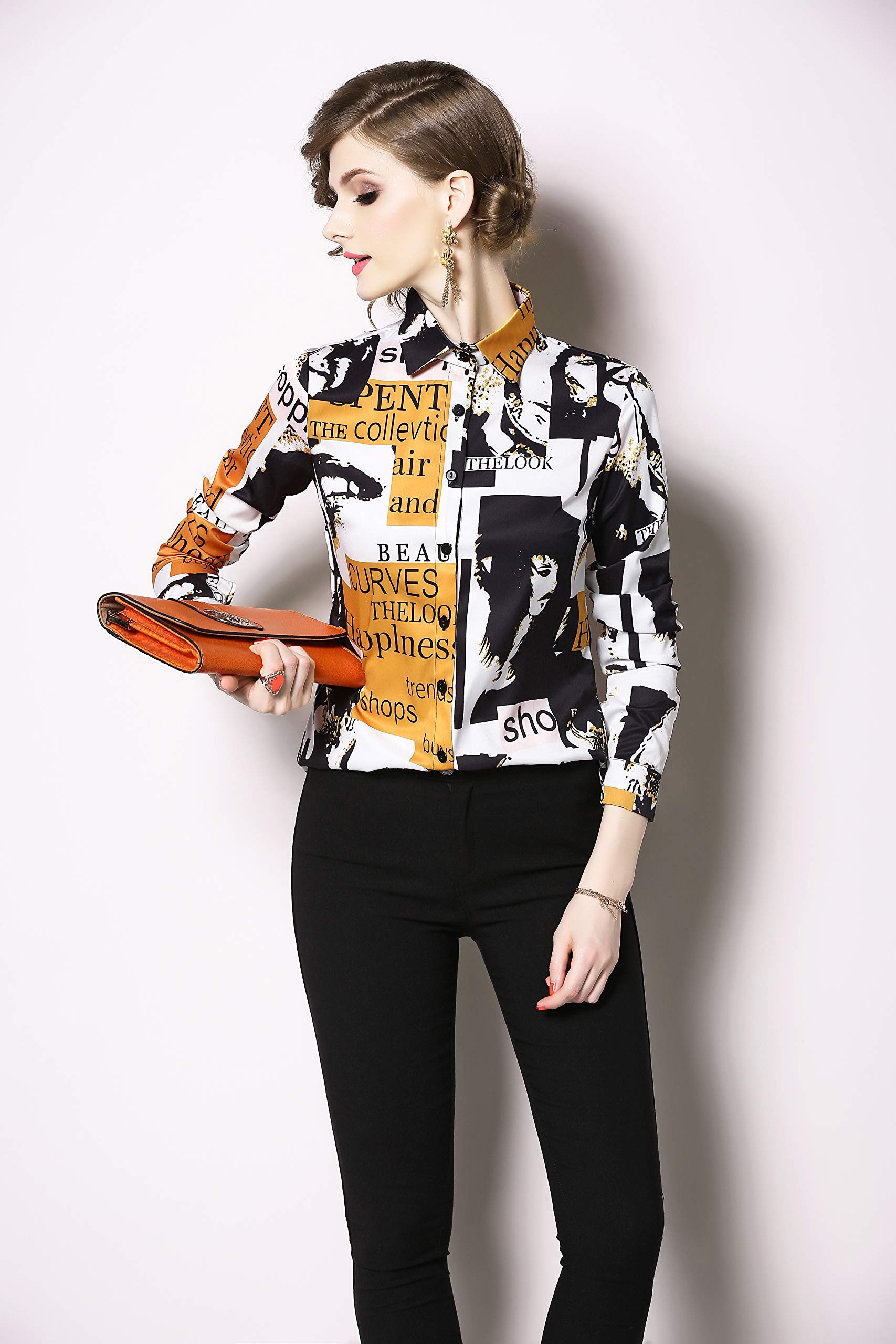 Women's Stylish Letter Print Long Sleeve Button-Up Blouse with Collar - Perfect for Office Wear, Casual Outfits & Everyday Fashion