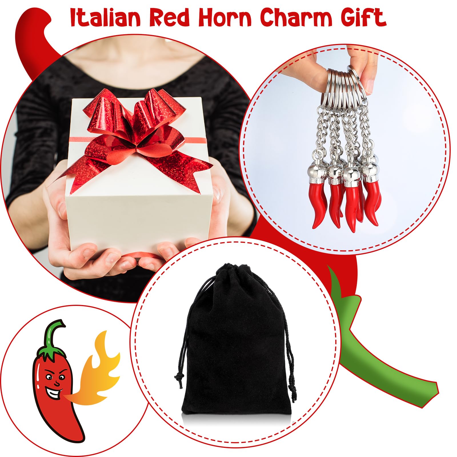 Remuuly 10 Pcs Italian Horn Keychain - Lucky Red Horn & Chili Pepper Charm Keyring for Car, Purse, Backpack - Perfect Italian Souvenir Gift for Home Decor & Travel Accessories