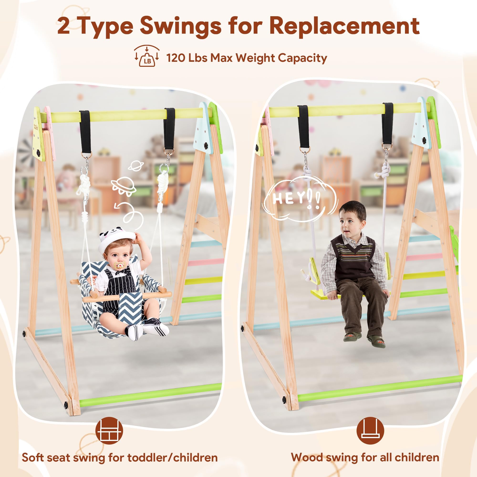 7 in 1 Foldable Indoor Jungle Gym Playset for Toddlers & Kids - Wooden Climbing Structure with Slide, Swing, Ladder & Climbing Wall - Natural Beechwood Montessori Toy for Home Playroom, Nursery or Daycare - Perfect Gift for Active Boys & Girls Ages 1-5 Years Old