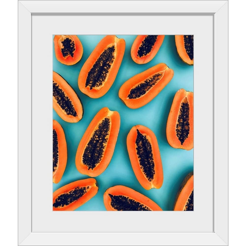 GREATBIGCANVAS Papaya Pattern White Framed Wall Art Print - Tropical Fruit Artwork for Home, Office & Kitchen Decor