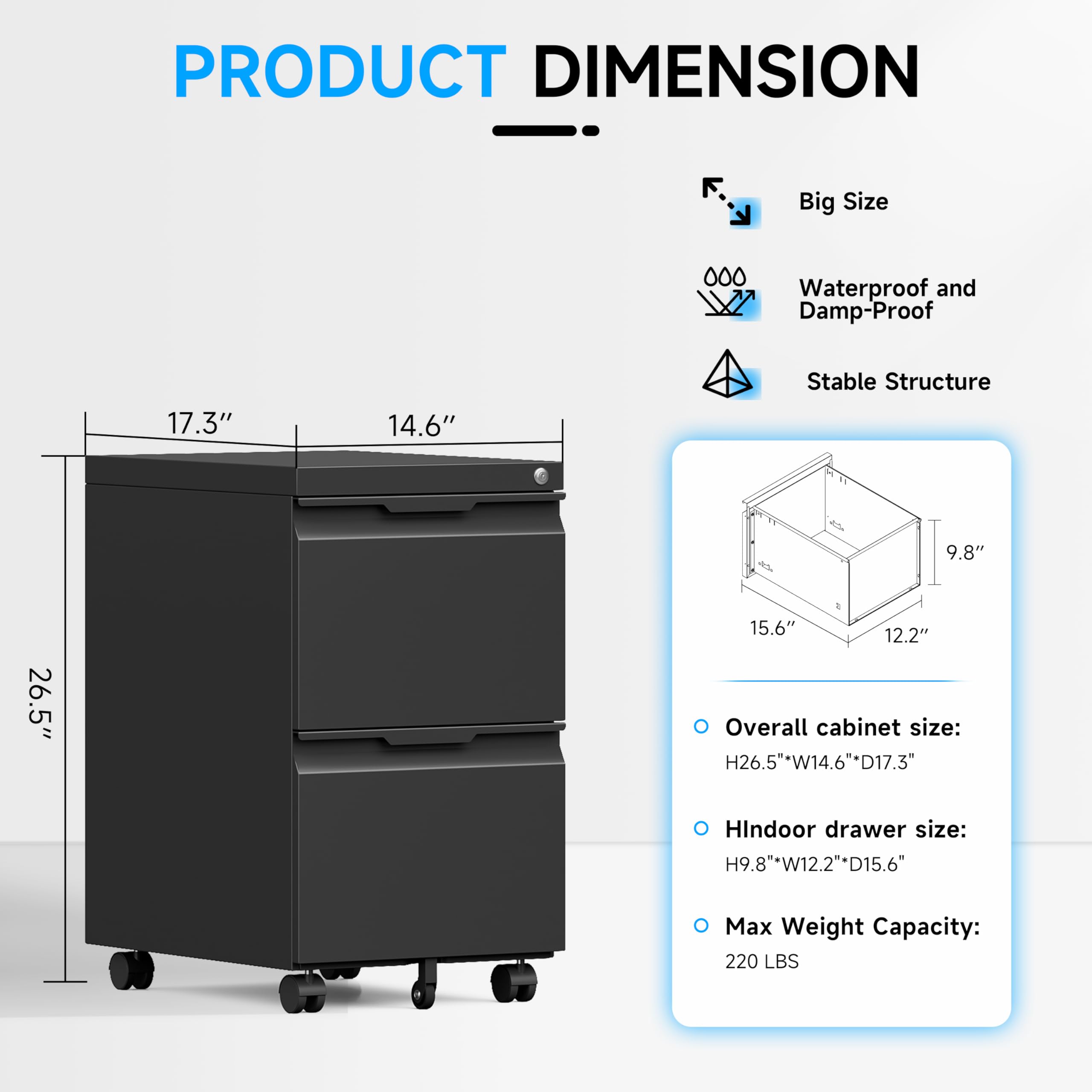 2 Drawer Mobile File Cabinet with Lock - Rolling Metal File Storage for Letter/Legal/A4 Documents - Home Office Organization with Wheels (Black) | Perfect for Small Spaces & Office Organization