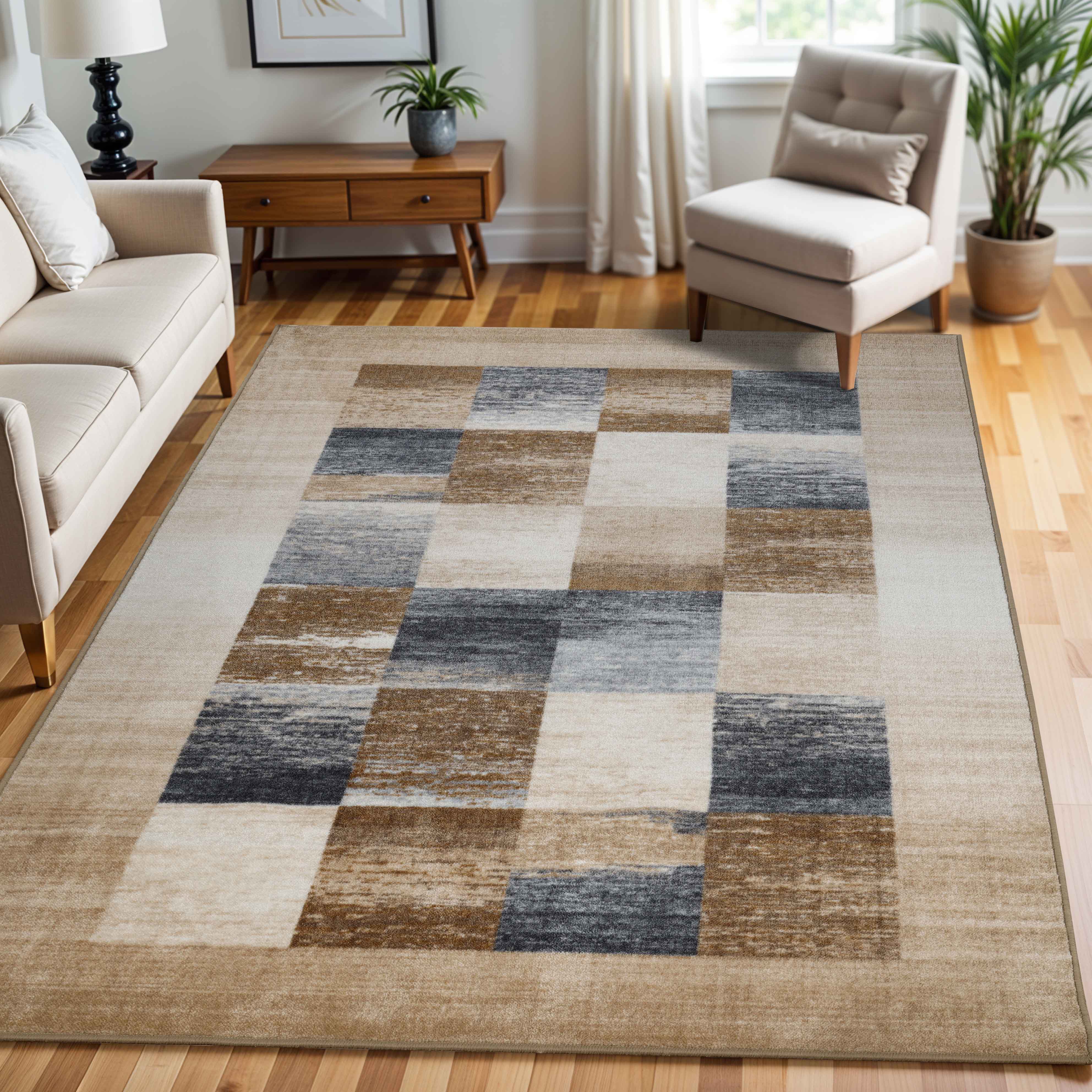 Lockwood Color Block Non-Slip Washable Indoor Area Rug or Runner - Perfect for Living Room, Bedroom, Entryway & High Traffic Areas
