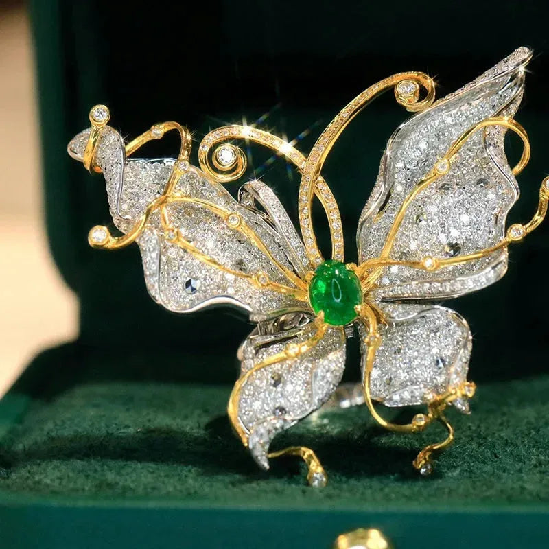 18K White & Yellow Gold Diamond & Natural Emerald Butterfly Pendant Necklace for Women - Luxury High Jewelry Gift for Anniversary, Birthday & Special Occasions
