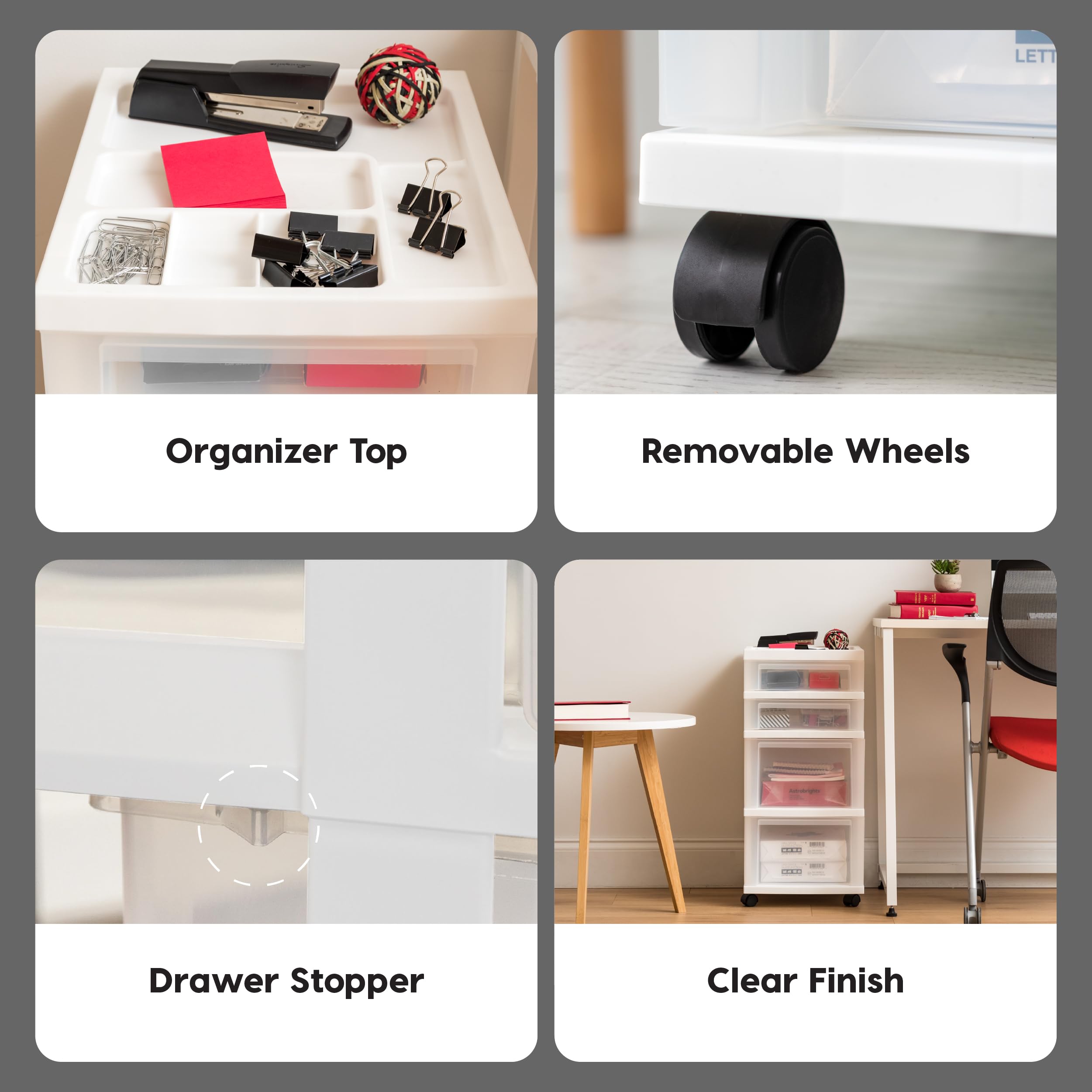 IRIS USA 4-Drawer Plastic Storage Organizer Rolling Cart with Wheels - White/Clear | Perfect for Classroom, Craft Supplies, Bathroom, Dorm & Laundry Room Organization