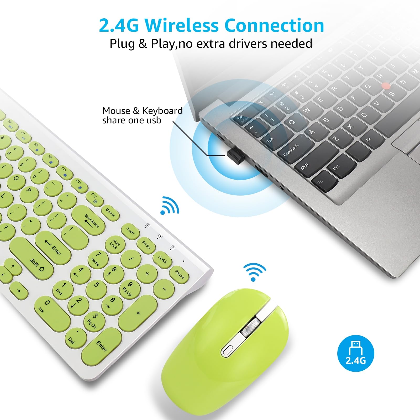 LeadsaiL Wireless Keyboard and Mouse Combo - 2.4GHz Ergonomic USB Set, Compact Silent Design for Windows Laptop/Desktop/PC - Grass Green | Perfect for Home Office, Gaming & Productivity
