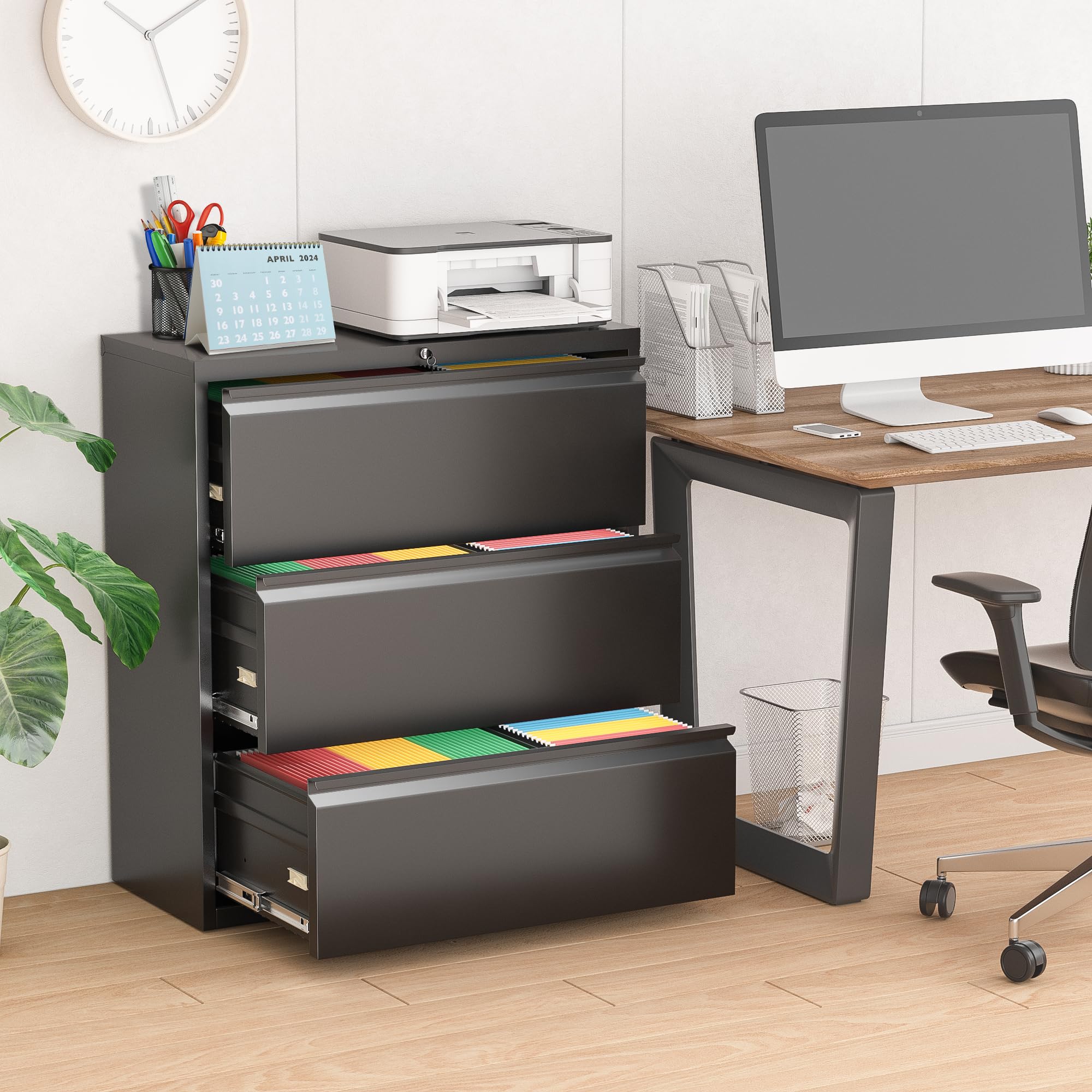 Pataku 3-Drawer Metal Lateral File Cabinet with Lock - Steel Office & Home Filing Cabinet for Letter, Legal, F4 & A4 Hanging Files - Wide Storage Organization Solution for Documents, Records & Office Supplies (Black)