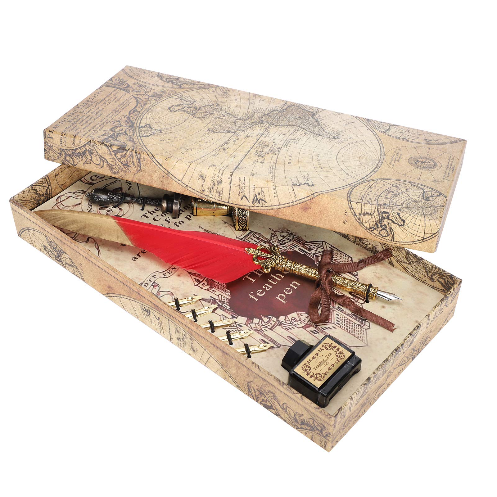 Vintage Gold Feather Pen Set - Elegant Calligraphy & Writing Tool with Gold Dipped Nib, Perfect for Office, Home Decor, and Gift Giving (Red) - Ideal for Journaling, Letter Writing, and Creative Projects