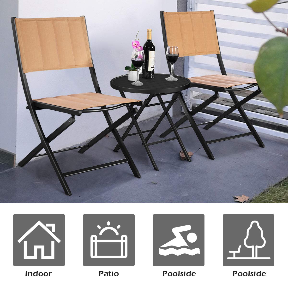 Giantex 3-Piece Patio Folding Table and Chairs Set, Outdoor Bistro Garden Furniture with Steel Frame - Perfect for Backyard, Deck, Balcony, and Poolside Relaxation