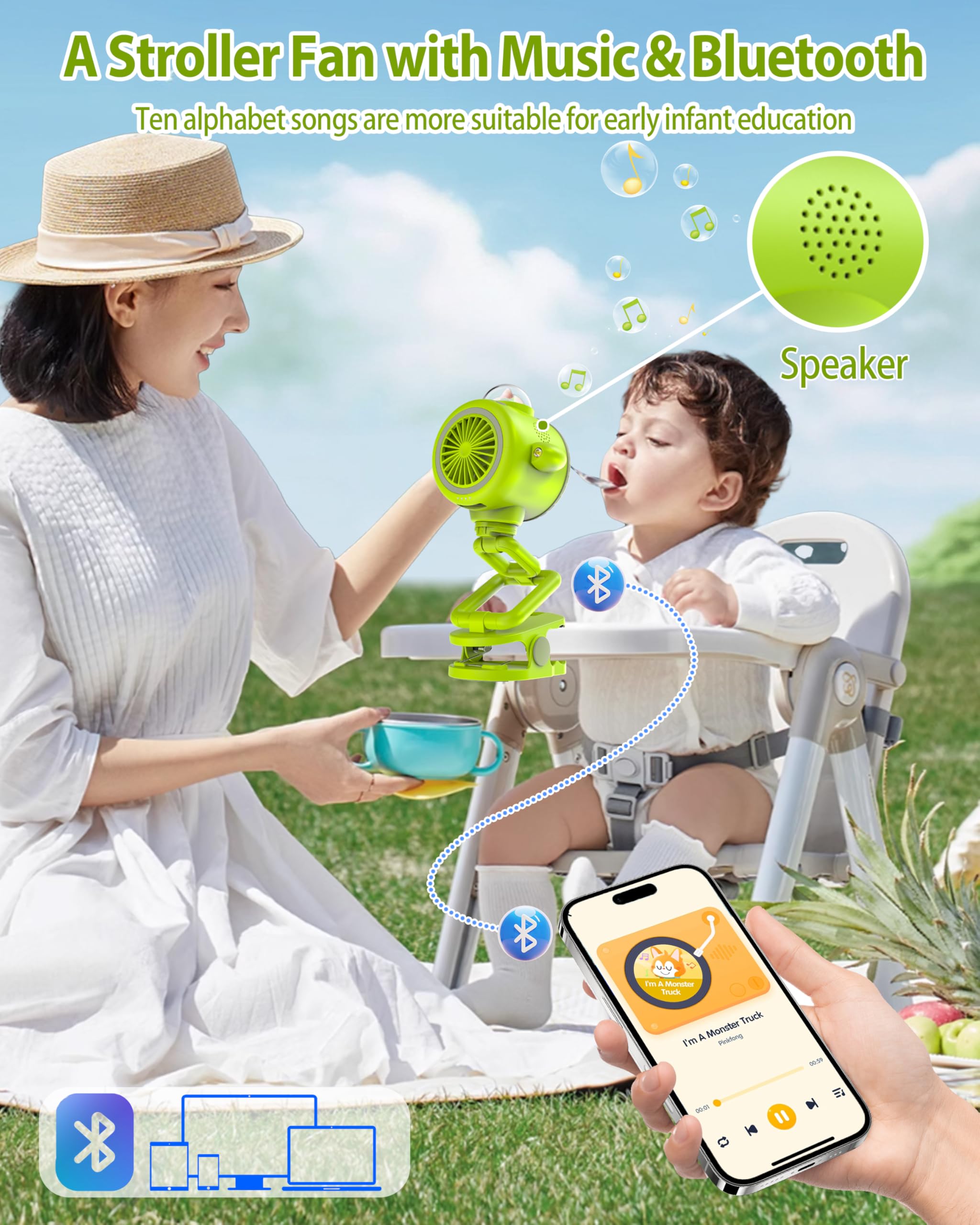 Portable Baby Stroller Fan with 5000mAh Battery - Bluetooth 5.1, Colorful LED Lights & Flashlight - 5 Speed Settings, 15H Runtime, 120° Auto Oscillating - Perfect for Car Seats, Cribs, Travel & Outdoor Activities