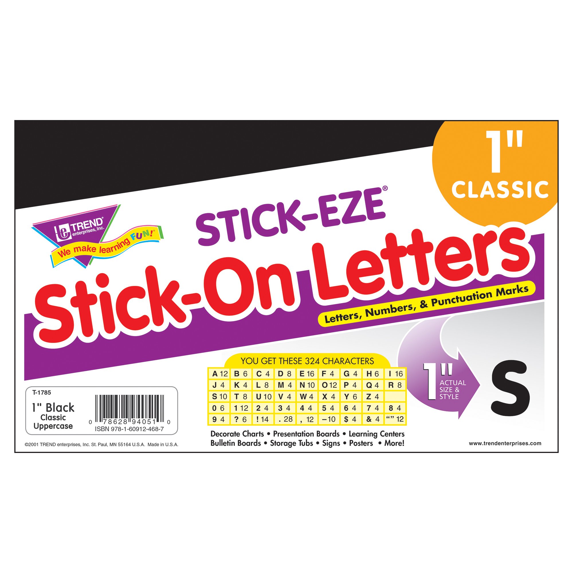 TREND STICK-EZE 1-Inch Black Stick-On Letters, Numbers & Symbols - 324 Piece Set for DIY Crafts, School Projects, Home Decor & Organization