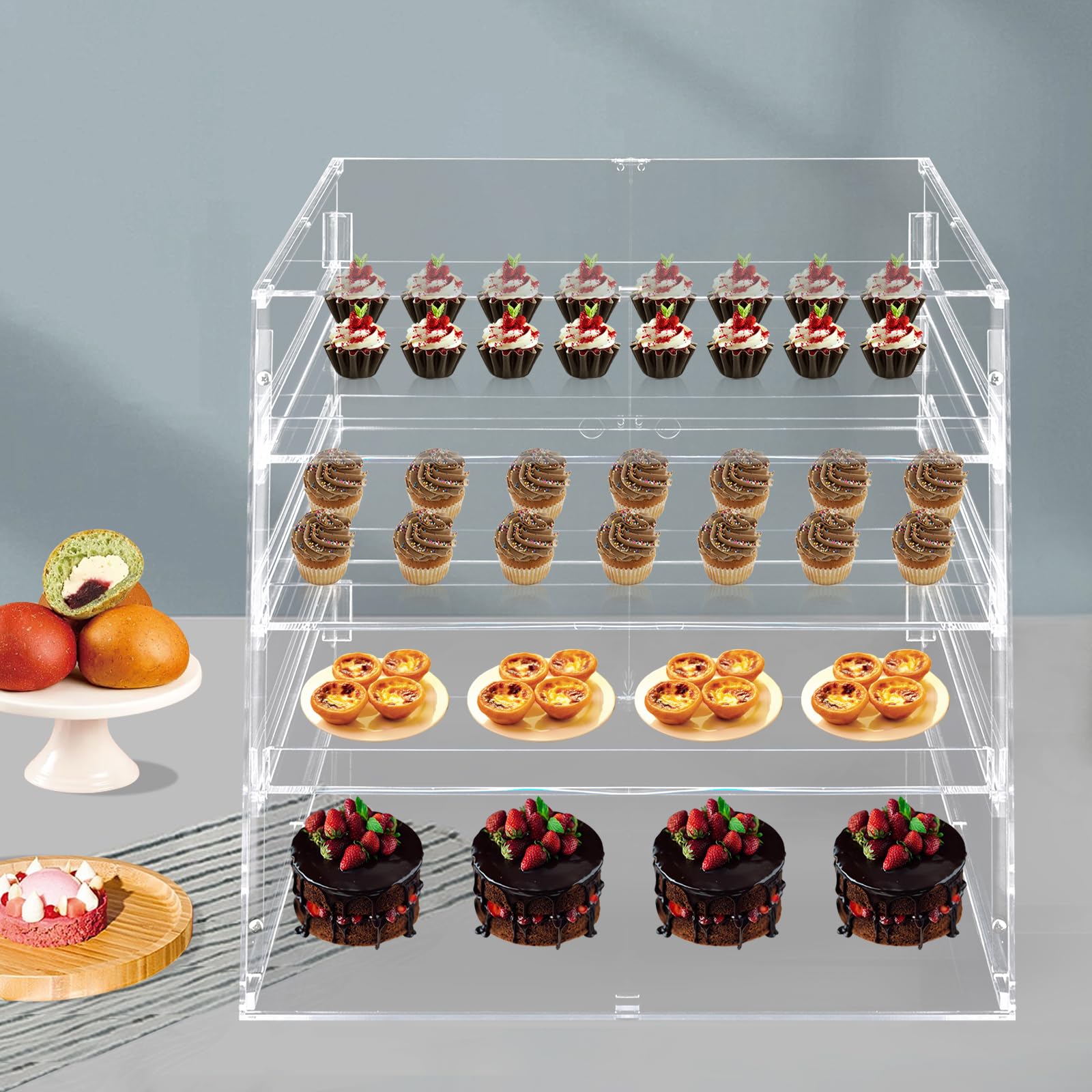 3-Tier Commercial Bakery Display Case with Rear Doors - 18.7x17.71x17.71in Acrylic Pastry Showcase for Countertop - Perfect for Bakeries, Cafes, and Dessert Shops