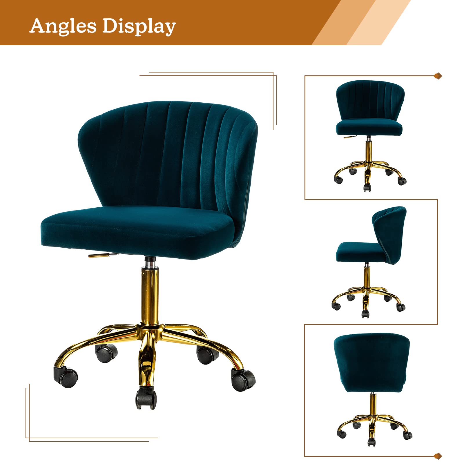 TINA'S HOME Modern Velvet Office Chair with Wheels - Adjustable Low Back Swivel Rolling Task Chair, Gold Base Armless Desk Chair for Home Office, Living Room, Vanity & Study (Teal Blue) | Ergonomic Comfort for Work & Relaxation