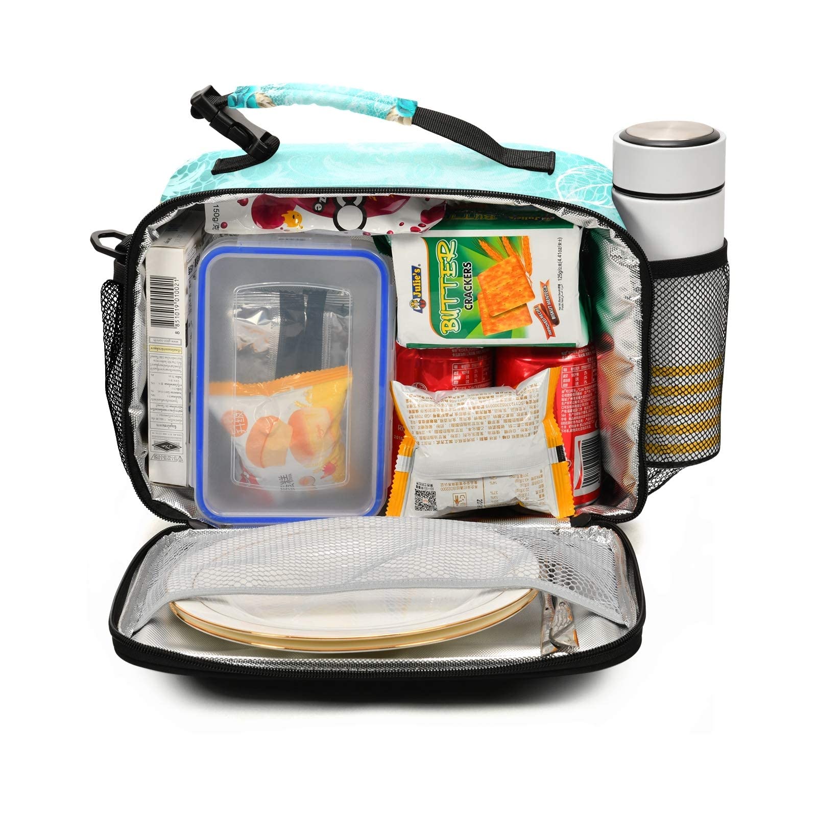 ALAZA Insulated Lunch Bag for Women & Men - Reusable Tote Cooler Bag with Adjustable Shoulder Strap, Elegant Lace Turquoise Roses White Gold Design | Perfect for Work, School, Picnics & Outdoor Activities