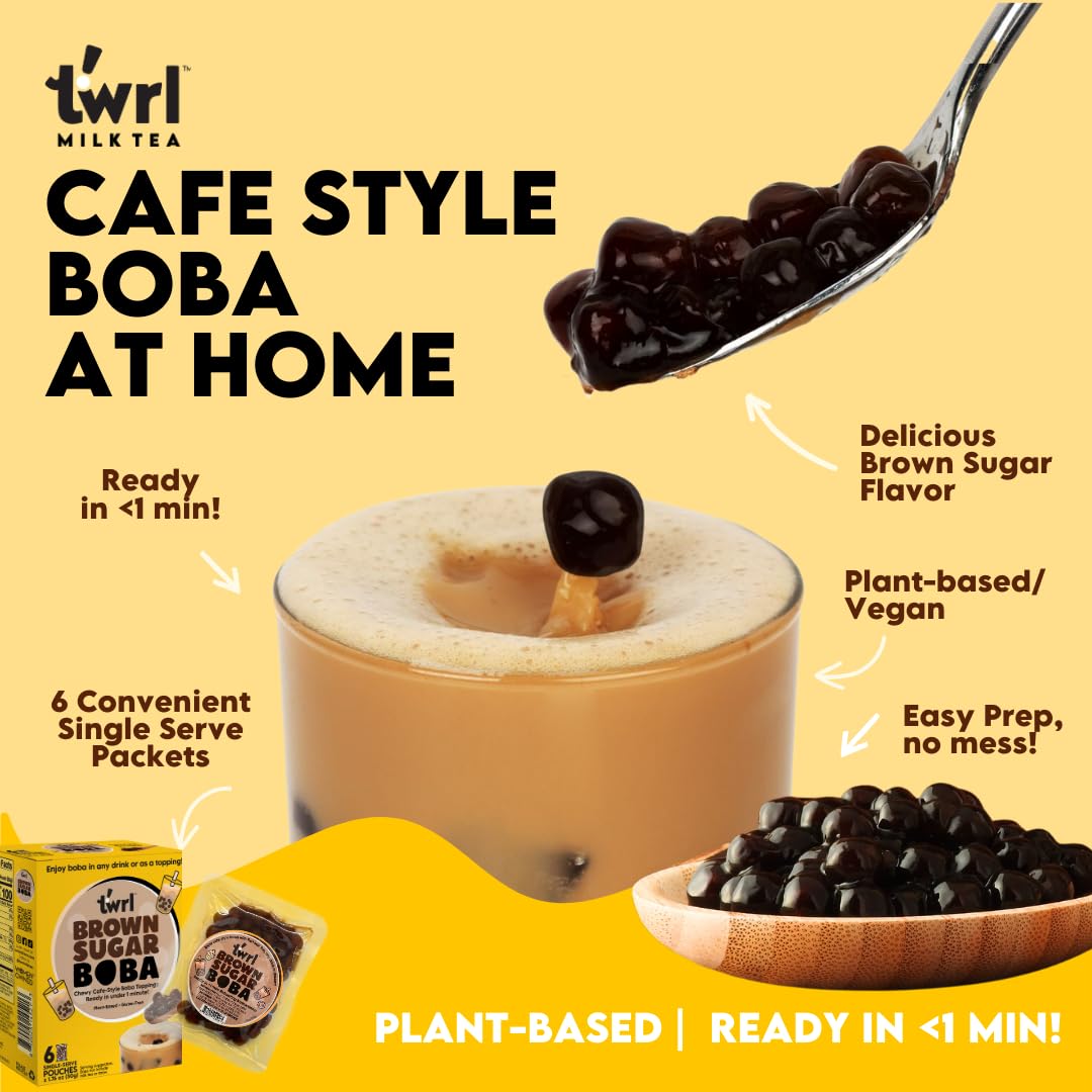 Twrl Brown Sugar Boba Bubble Tea Toppings - Authentic Taiwanese Tapioca Pearls for Milk Tea & Coffee | Gluten-Free, Vegan, Instant Boba (6 Single-Serve Pack) | Perfect for Home Bubble Tea, Coffee Shops & Dessert Toppings
