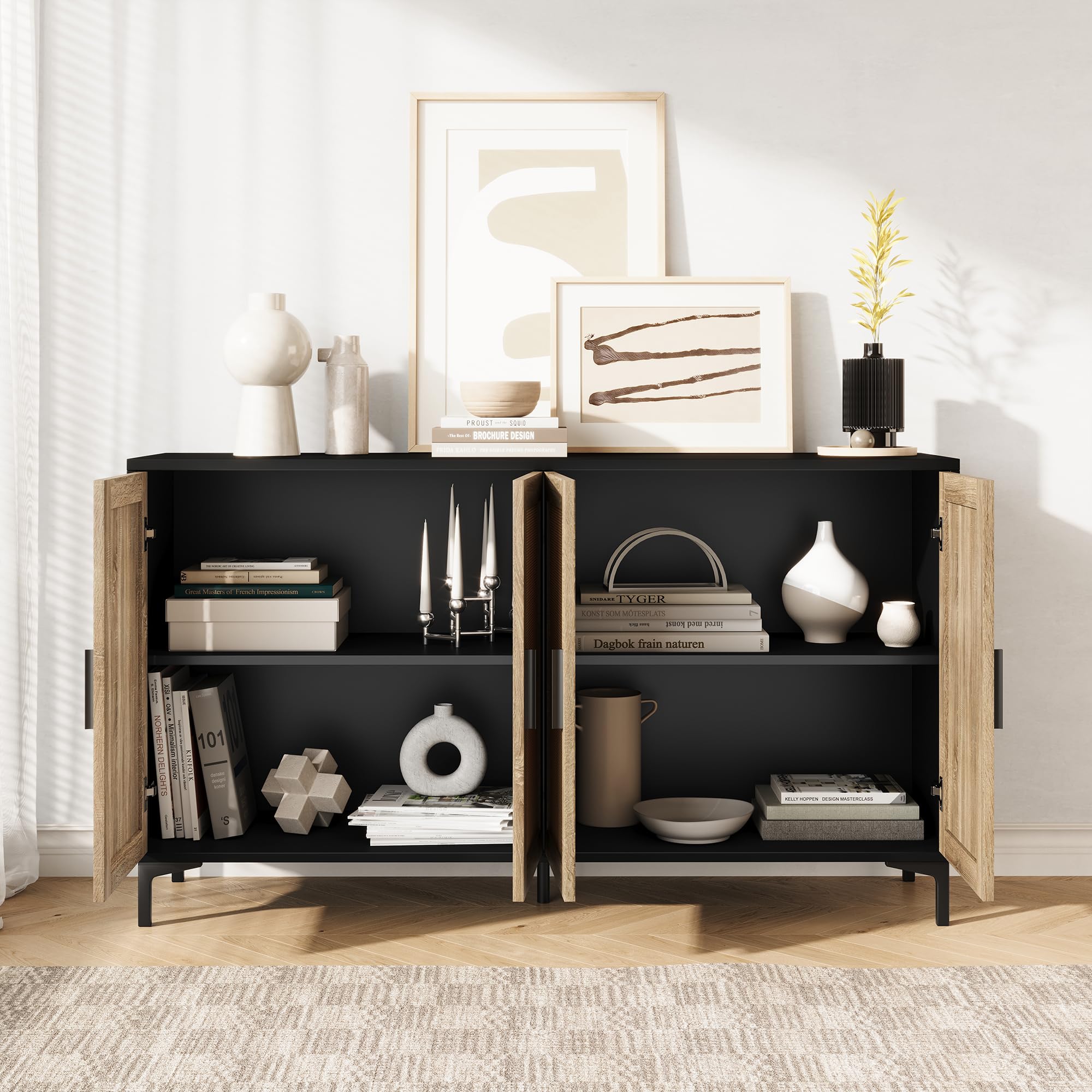 Rattan Sideboard Buffet Cabinet with Storage Doors - Modern Kitchen Coffee Bar Cabinet for Living Room, Entryway, Dining Room | Stylish Home Storage Solution for Dishes, Linens & Entertaining Essentials