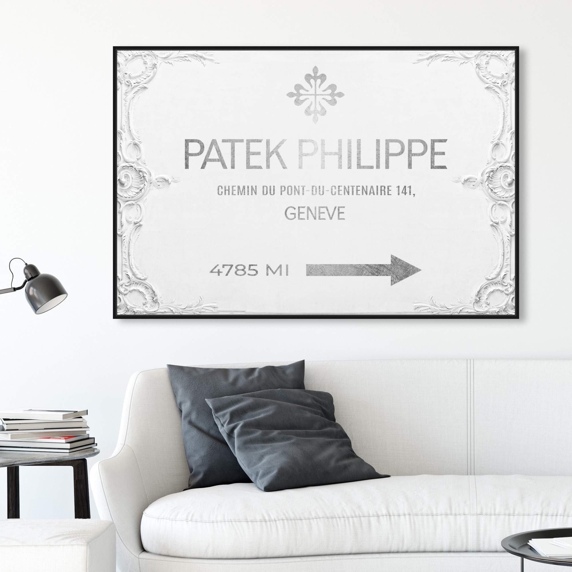 Oliver Gal Artist Co. Fashion & Glam Wall Art Framed Canvas Print - Geneva Watches Road Signs Home Decor (45x30 Inches, Gray & White) - Perfect for Living Room, Bedroom & Office Wall Decor