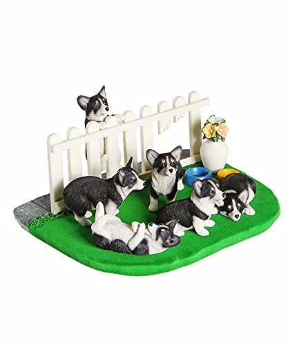 Nayothecorgi Black & White Corgi Puppy Figurine Set with Garden Background - 7