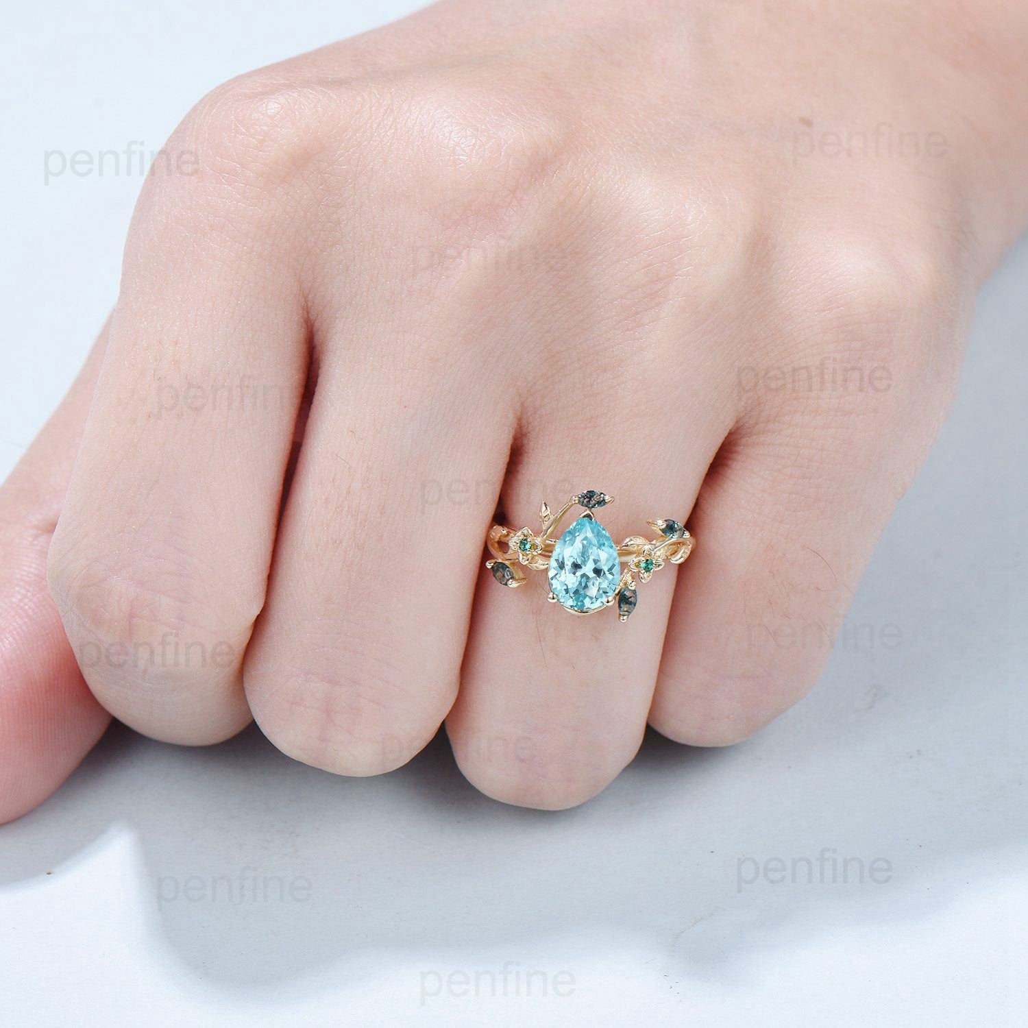 Elegant Pear Lab Paraiba Engagement Ring - Nature Inspired Floral Wedding Band with Green Agate & Emerald Branch Leaf Vine Design - Perfect for Anniversary Gifts, Bridal Jewelry & Romantic Occasions