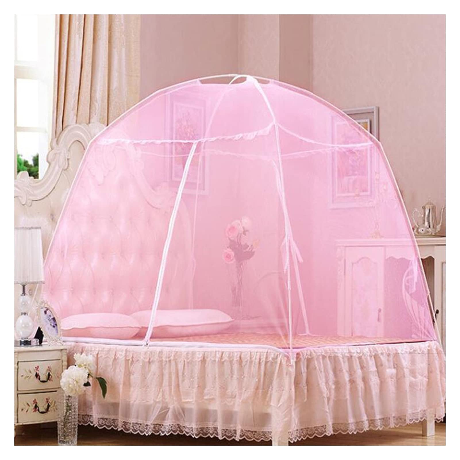 Pink Bed Canopy Curtain - 180cm x 200cm Folding Mesh Dome Tent for Bedroom Decor, Princess Bed, Boho Yurt Style, Romantic & Cozy Sleeping Space - Perfect for Kids Room, Nursery, or Glamping Setup
