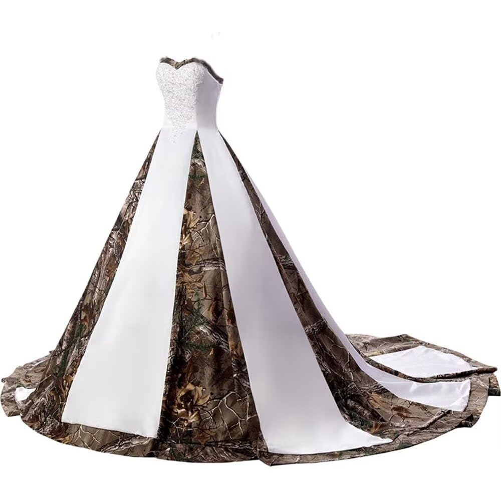 ZVOCY Women's Camouflage Wedding Dress - Satin Camo Long Formal Gown for Bride in White | Perfect for Outdoor, Military-Themed, and Unique Wedding Ceremonies