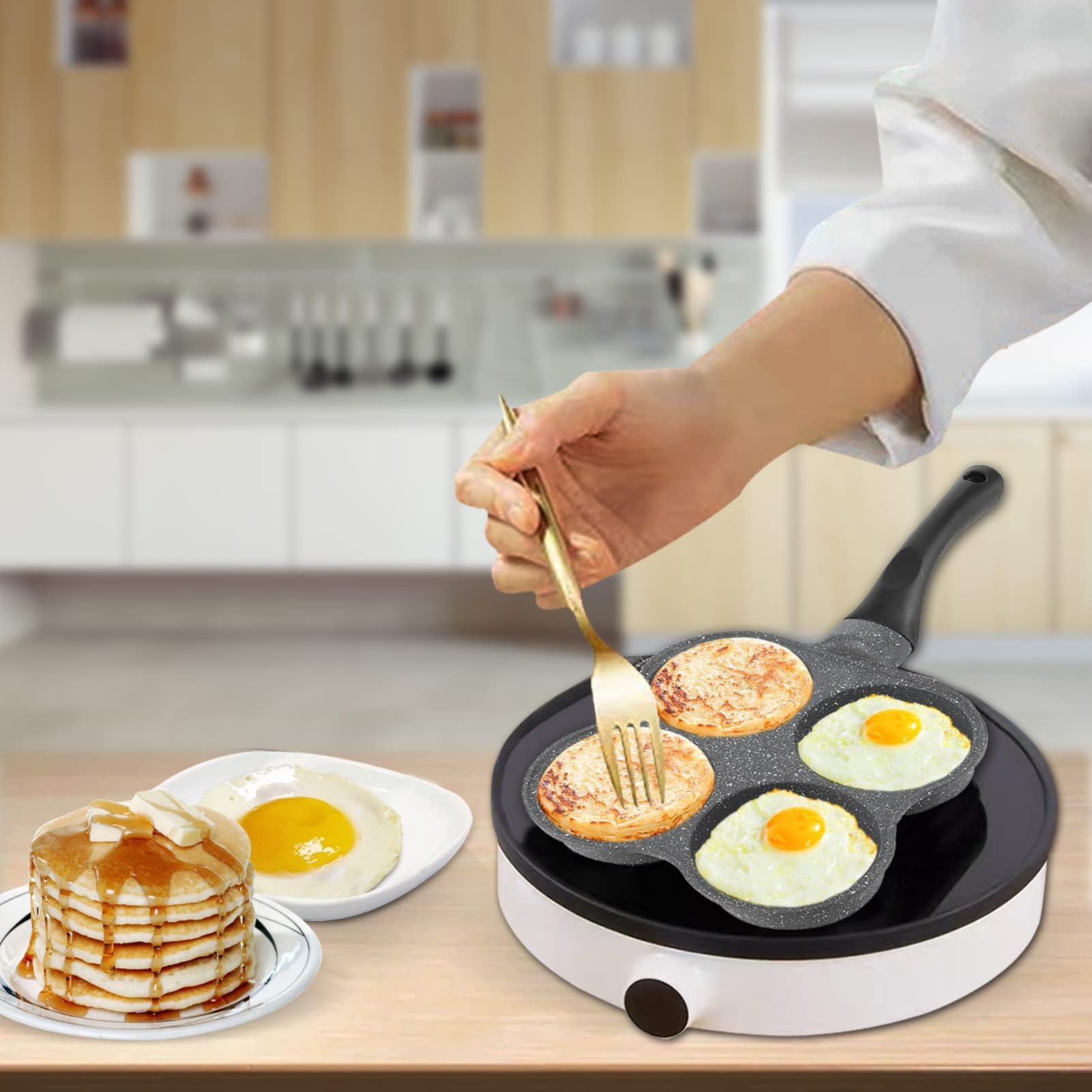 Nonstick 4-Hole Aluminum Egg Frying Pan - Perfect for Omelets, Pancakes & Burgers - Induction & Gas Stove Compatible - Ideal for Breakfast, Brunch & Quick Meals