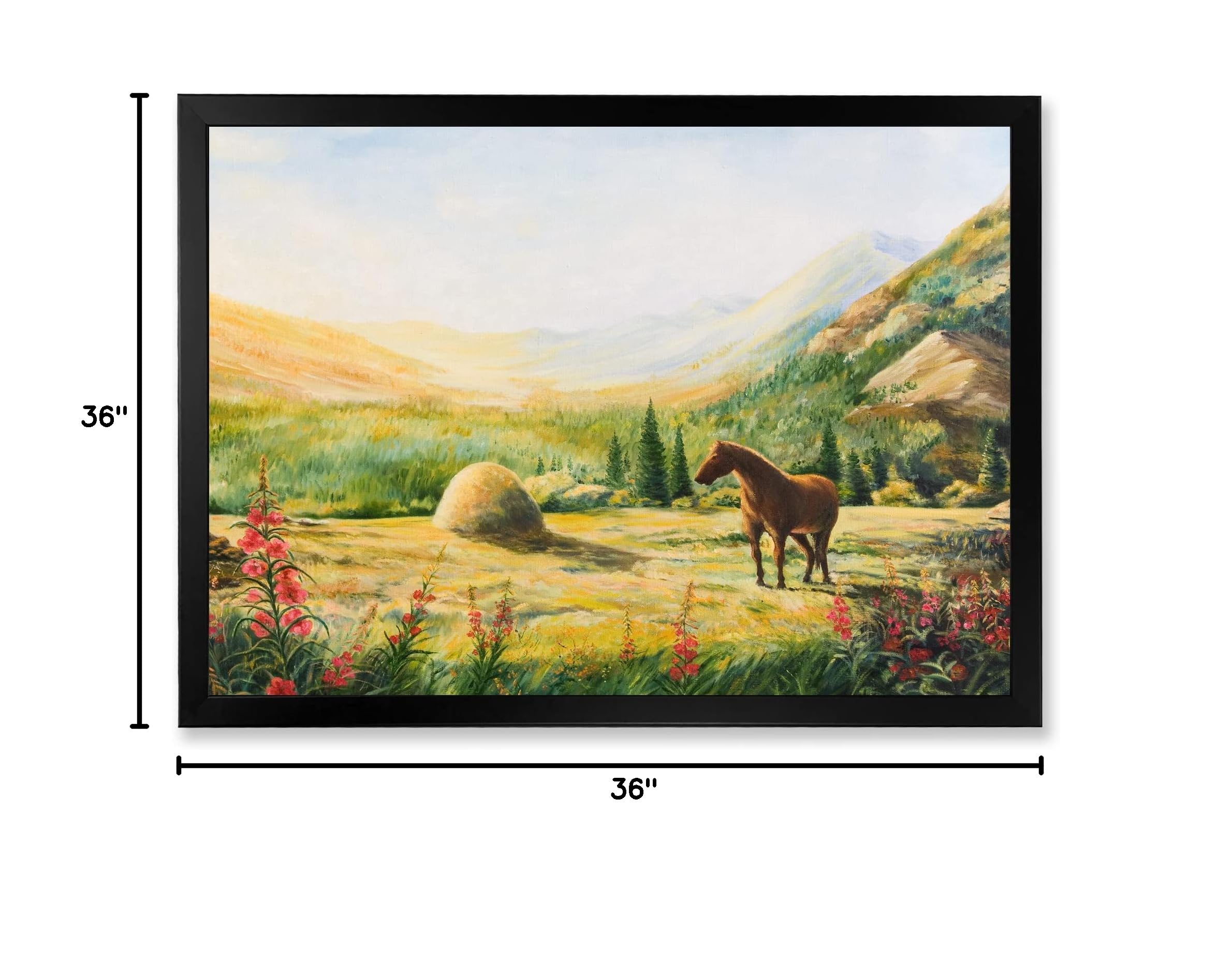 DesignQ Morning Sun In The Mountains With Horse Farmhouse Framed Wall Art - Rustic Countryside Landscape Painting for Living Room, Bedroom & Office Decor