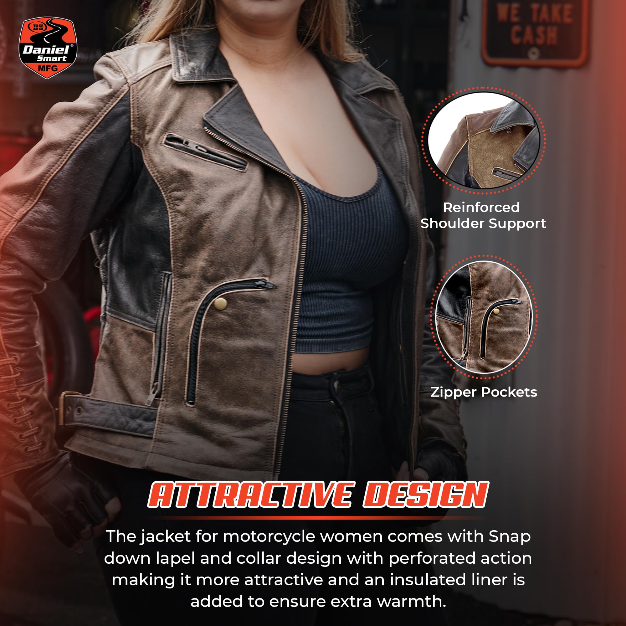 Daniel Smart Women's Motorcycle Jacket - Premium Biker Leather Jacket with Grommet Detailing, Lace Design & Armory Pocket for Riding, Fashion & Outdoor Adventures