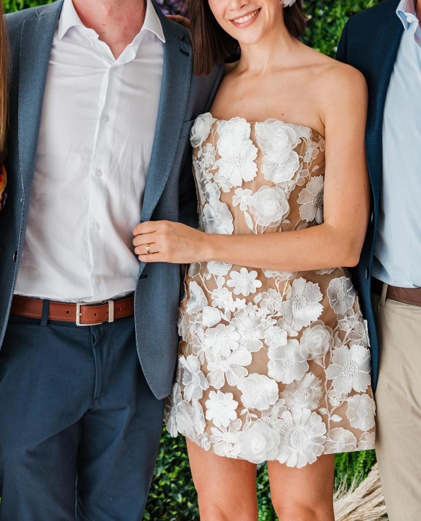 Floral Embroidered Short Wedding Dress for Bride | Strapless A-Line Formal Party Gown | Homecoming Prom Dress for Beach Weddings, Garden Parties & Cocktail Events