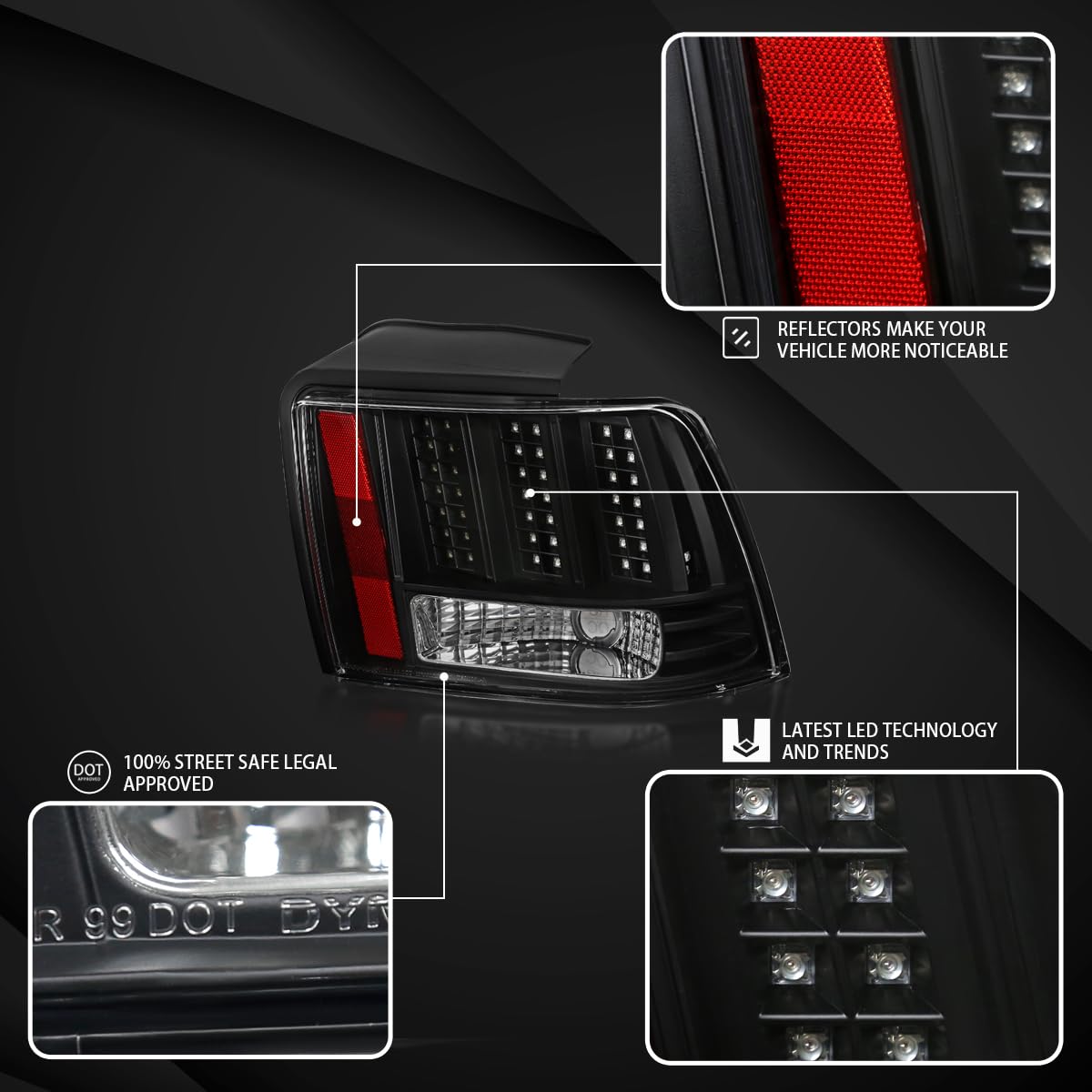 AUTOZENSATION Black Sequential LED Tail Lights for 1999-2004 Ford Mustang - Left & Right Pair Assembly - Upgrade Your Mustang's Style & Visibility for Night Driving & Car Shows
