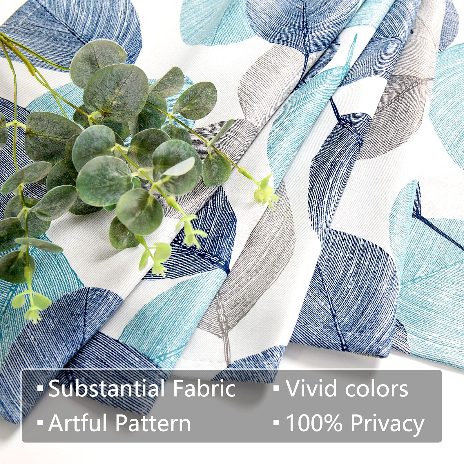 MRTREES Blackout Kitchen Curtains - Leaf Print Cafe Curtains for Small Windows, 34x24 Inch Rod Pocket Window Tiers (Set of 2 Panels, Blue) - Perfect for Bedrooms, Bathrooms & Kitchen Privacy