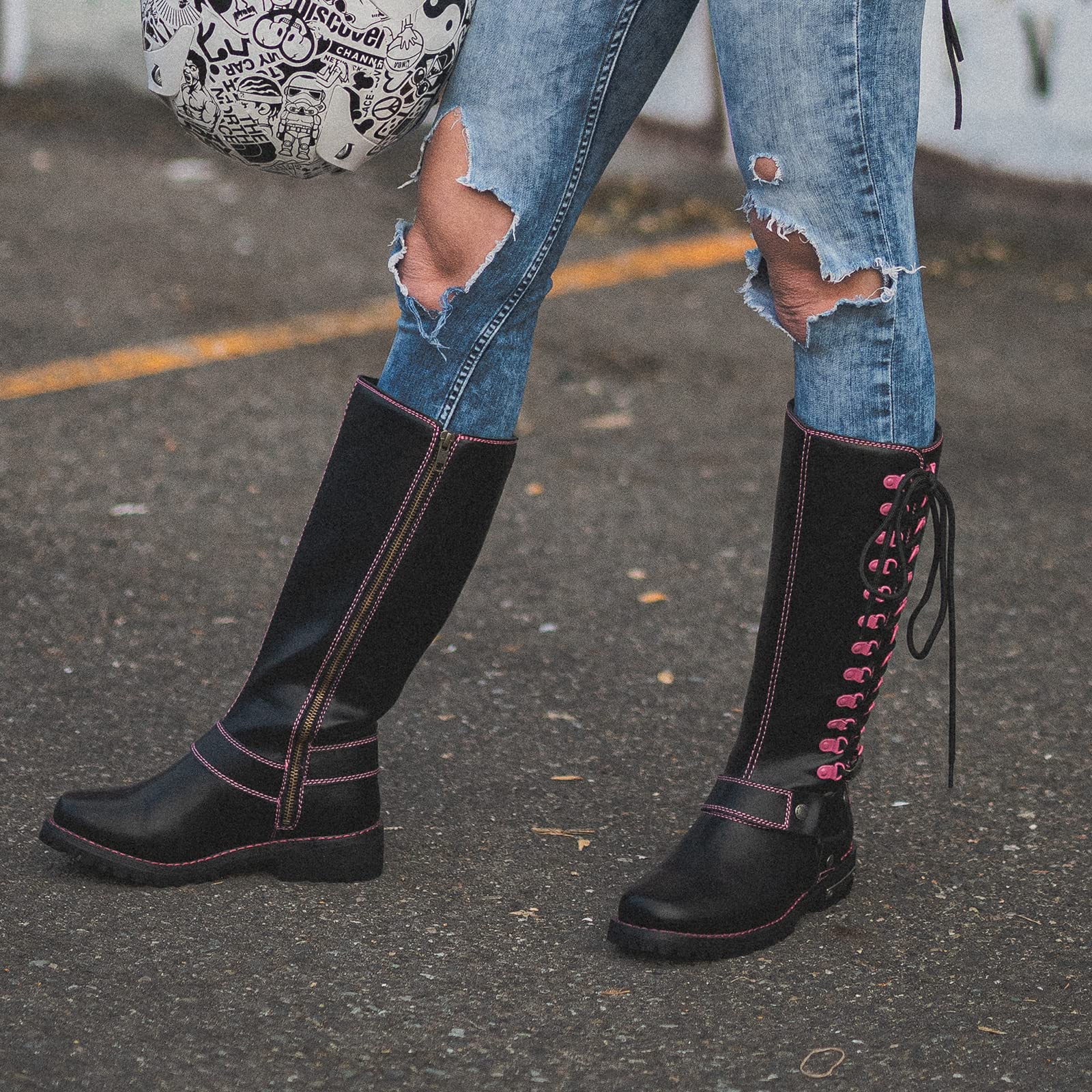 Dream Apparel Women's Motorcycle Riding Boots - Black PU Leather Biker Boots with Square Toe, Lace Up & Side Zipper, Knee High Boots for Harley Davidson & Cruiser Riding, Fashion & Outdoor Adventures