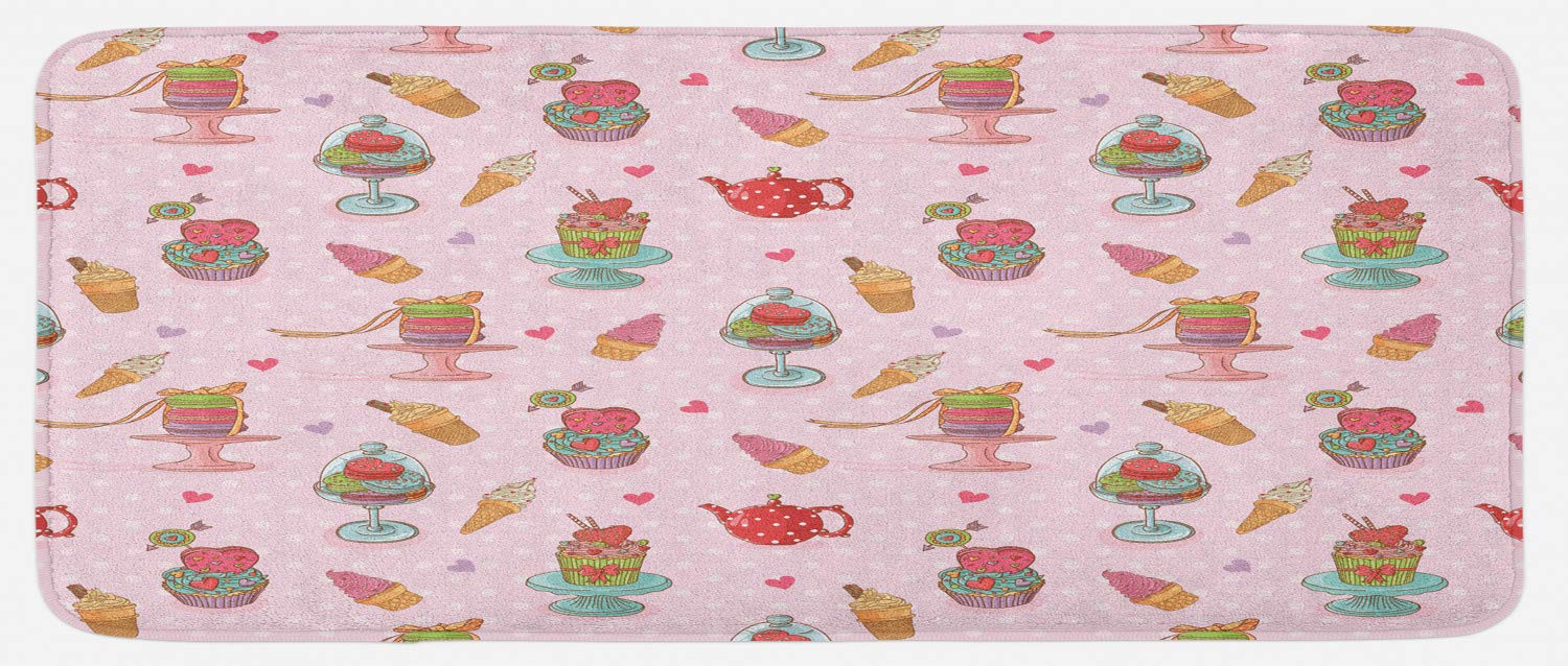 Ambesonne Non-Slip Plush Kitchen Mat - Vintage Retro Ice Cream Cupcake Teapot Candy Cookie Polka Dot Design, 47x19 Inch, Pink Red - Perfect for Kitchens, Dining Rooms, Bakeries & Retro-Themed Decor