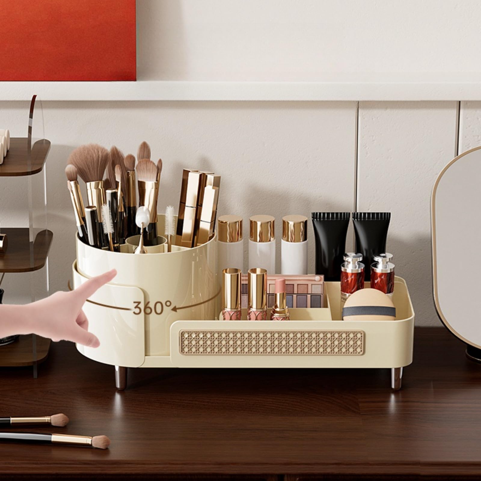 2-in-1 Rotating Makeup Organizer with Large Capacity - Vanity Countertop Cosmetic Storage Display Case for Bathroom & Dressing Table (Cream) | Perfect for Organizing Lipsticks, Brushes & Skincare Products