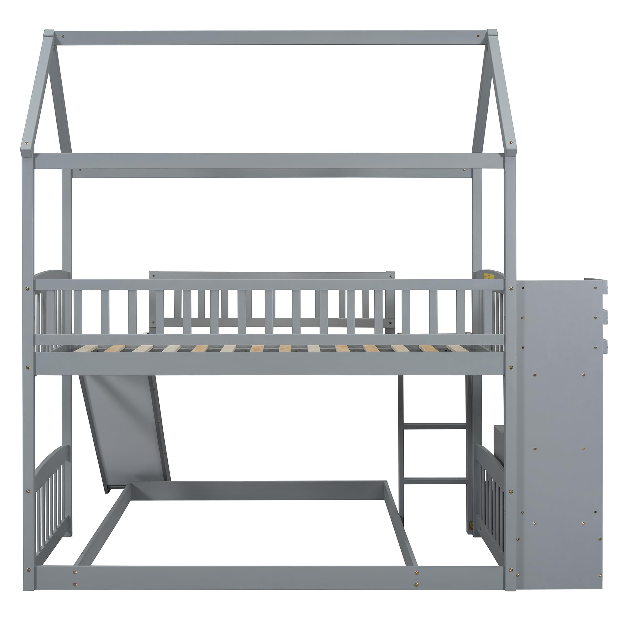 Solid Wood Twin Over Twin Bunk Bed with Slide - Kids Loft Bed with Storage Staircase, Roof & Guardrails - Easy Assembly House Bed for Boys, Girls & Teens (Gray) - Perfect for Small Bedrooms, Playrooms & Sleepovers