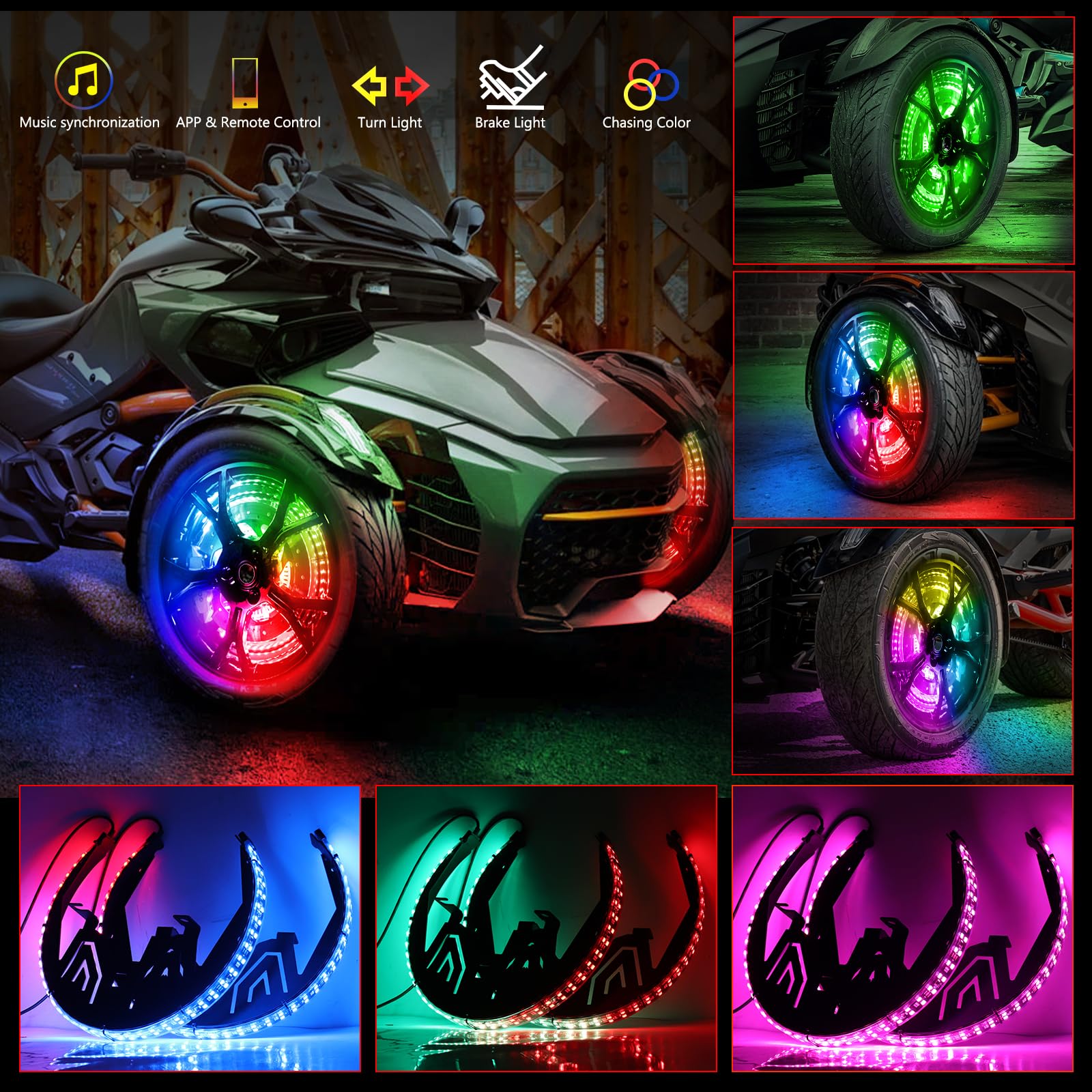 Cam-Am Spyder F3 Wheel Ring Lights (2017-2024 Models F3-S/F3-T/F3 Limited) - Bluetooth RGB LED Accent Lights with Remote Control for Night Riding & Custom Styling