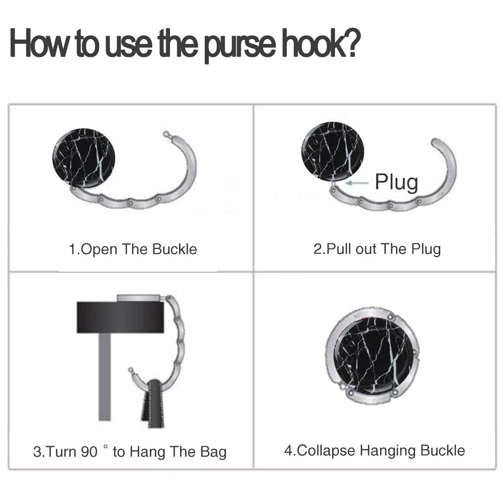Foldable Purse Hook for Women - Black Marble Bag Hanger for Table & Desk - Portable Handbag Holder for Restaurants, Travel & Home Use (1 Pack)