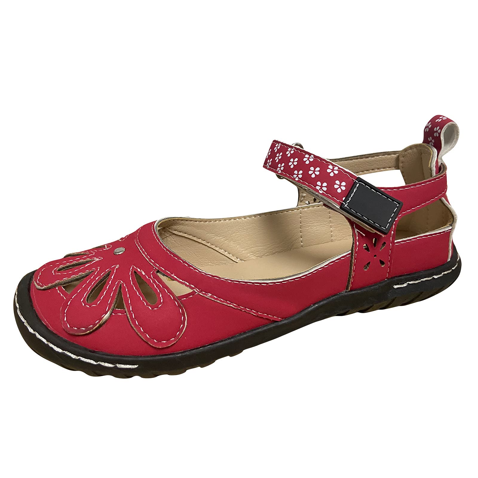 Women's Hollow Loop Casual Shoes with Wildflower Floral Hook Wedge - Comfortable Rose Gold Sandals for Summer Outfits & Beach Wear (Red, Size 7)