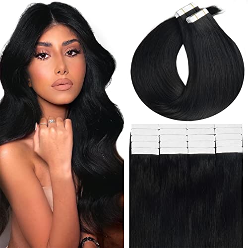 20 Inch Dark Black Real Human Hair Tape-In Extensions - 50g 20pcs Double Sided Weft for Invisible Volume & Length - Perfect for Parties, Weddings & Everyday Styling