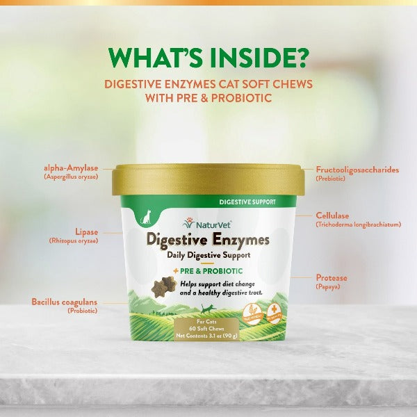 NaturVet Digestive Enzymes with Prebiotics & Probiotics Soft Chews for Cats - Supports Healthy Digestion & Gut Health - Perfect for Sensitive Stomachs & Mealtime Comfort