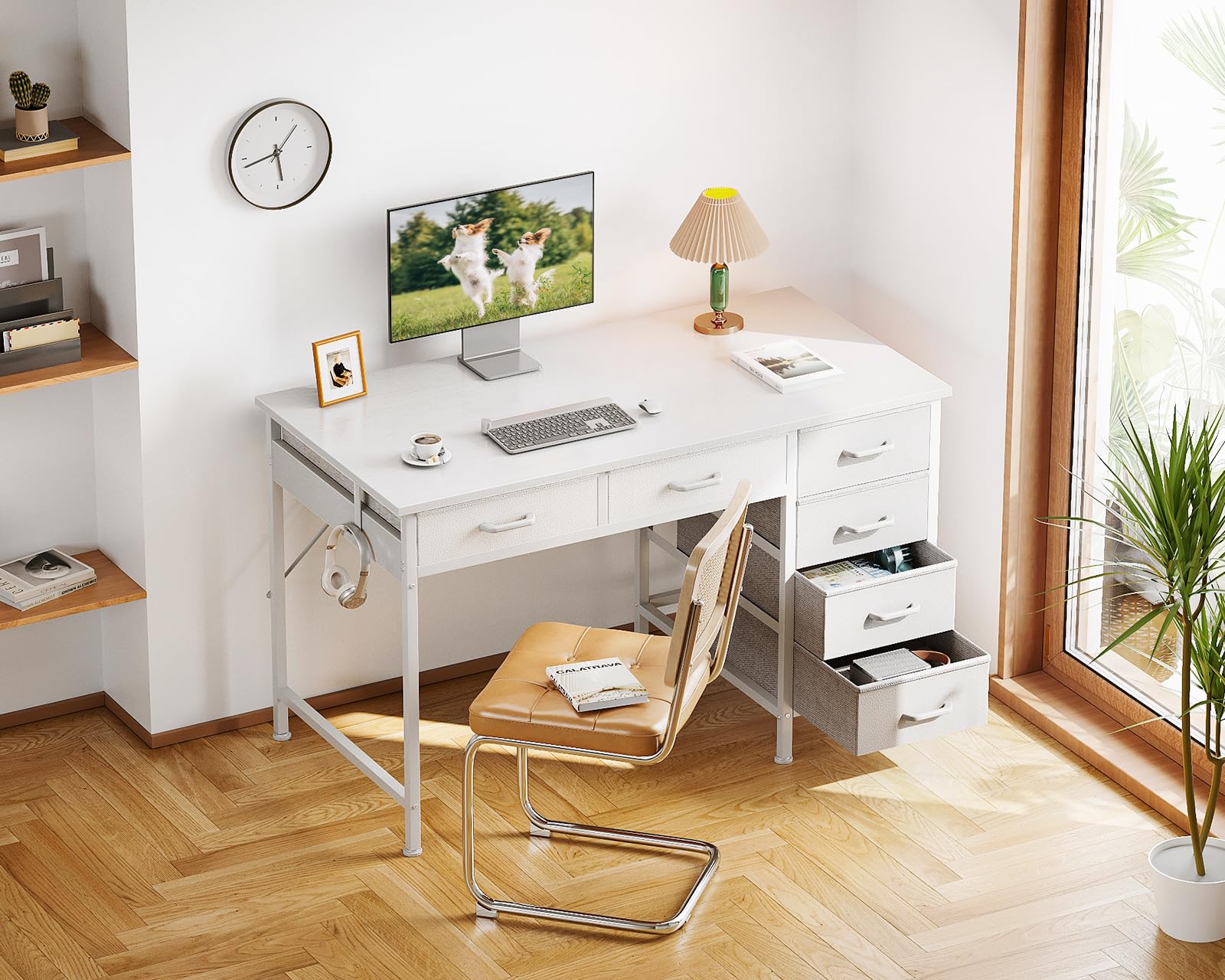ODK 40 Inch Computer Desk with 6 Storage Drawers, Reversible Small Office Desk with Headphone Hook - White Study Table for Home Office, Bedroom & Small Spaces - Perfect for Remote Work, Gaming & Online Learning