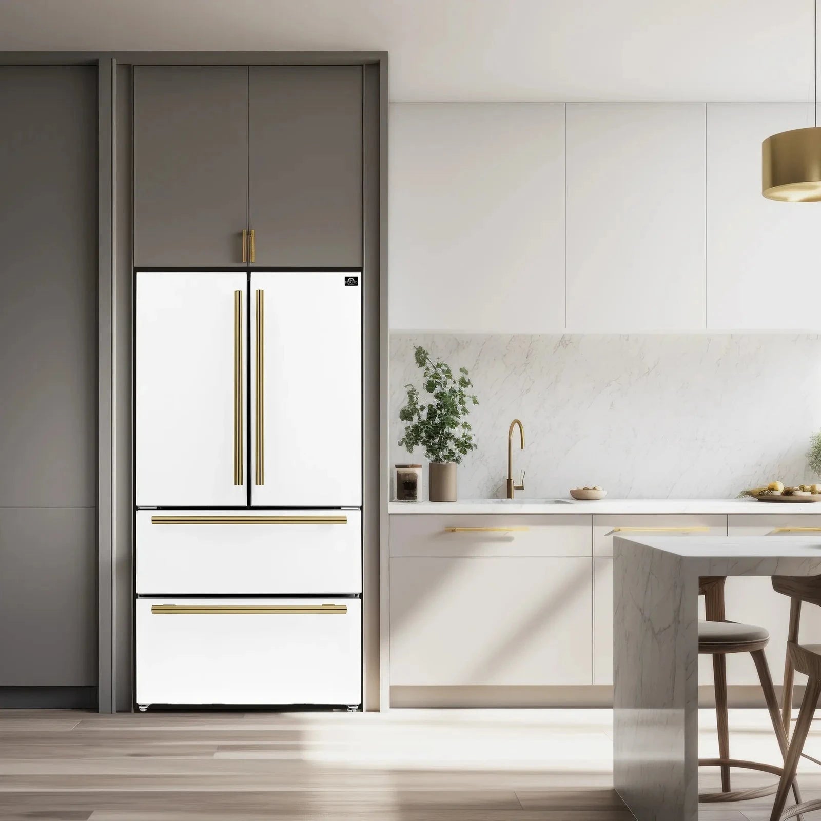 Forno Espresso Moena 36 Inch French Door Refrigerator - 18.2 cu.ft Stainless Steel Smart Fridge with Antique Brass Handles, Energy Star Certified - Perfect for Modern Kitchens & Open-Concept Living Spaces