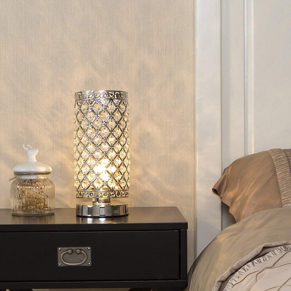 Modern Crystal Cylindrical Table Lamp - E27 Bedside Desk Light with Power Switch, Silver Finish | Perfect for Bedroom, Living Room & Office Decor Lighting