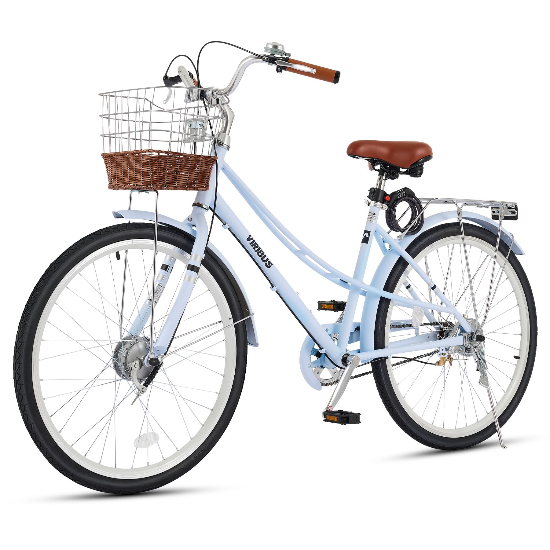 Viribus Women's Beach Cruiser Bike - 24 & 26 Inch Step-Through Frame with Rattan Basket, Rear Rack & Lock - Single Speed City Commuter Bicycle for Short Women, Female Seniors (330 lb Capacity) - Perfect for Beach Rides, City Commuting & Leisure Cycling