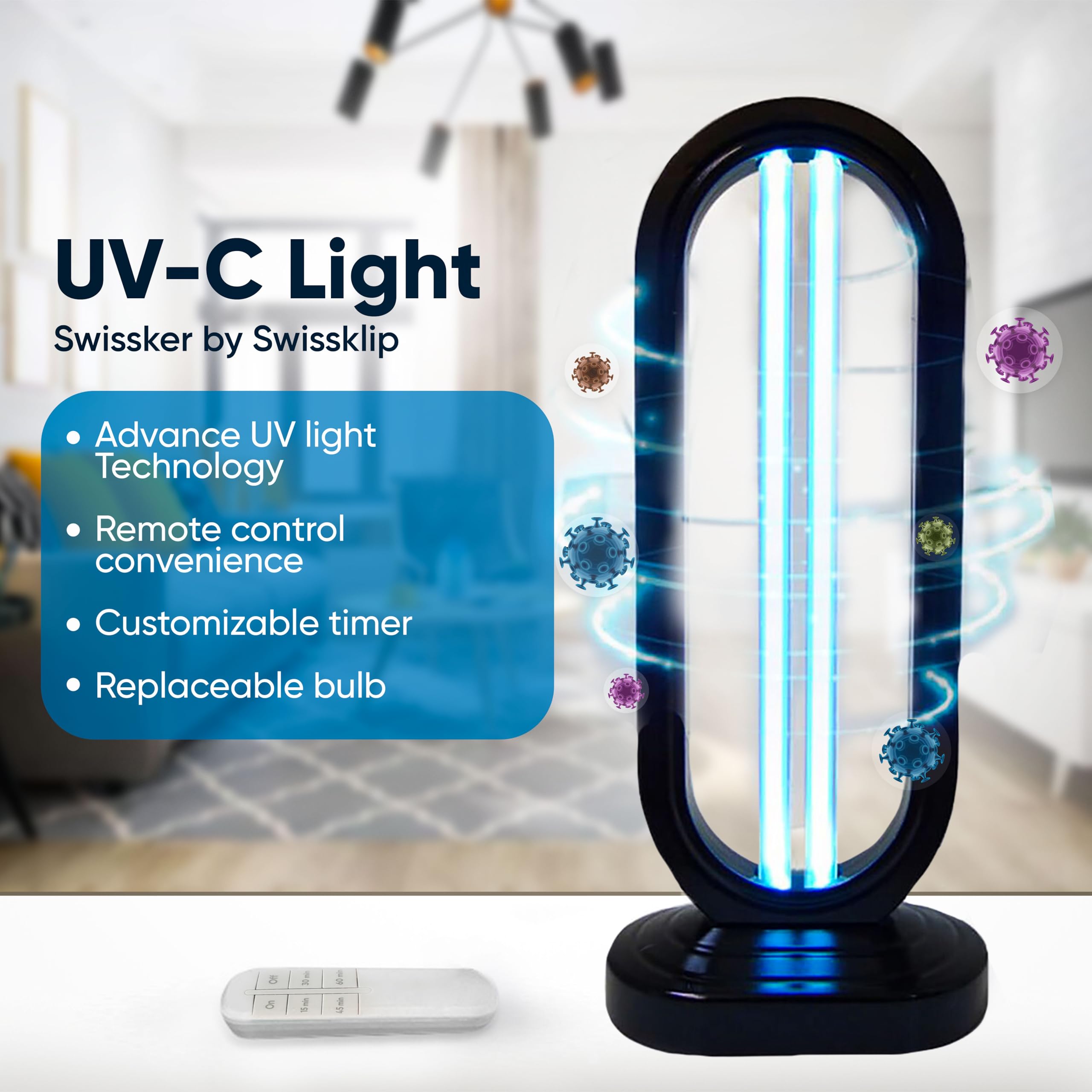 Swissklip UV-C Light Sanitizer for Home - Portable Disinfection Device for Dust Mites, Mold & Germs - 4 Speed Settings - Ideal for Bedrooms, Kitchens & Travel Use